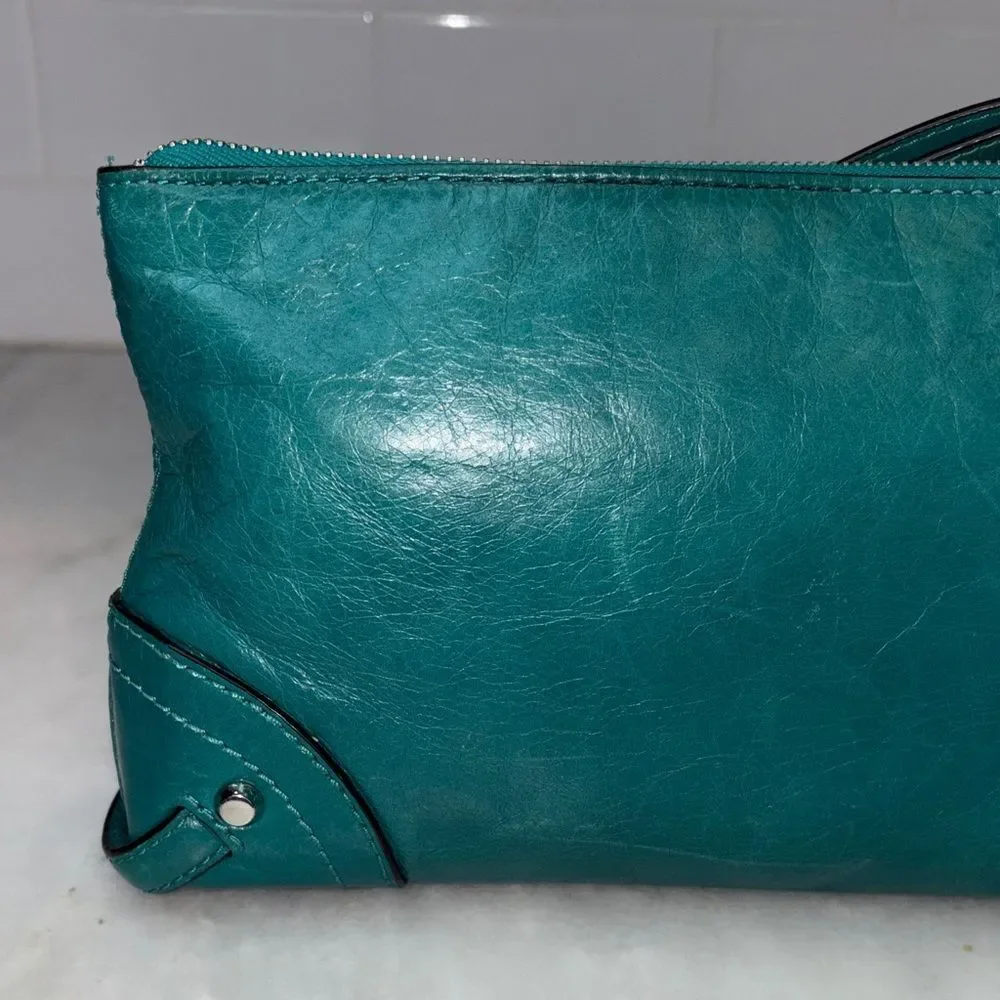 Michael Kors Purse Bag Fallon Large Leather Zip Clutch Wristlet Teal Aqua HTF